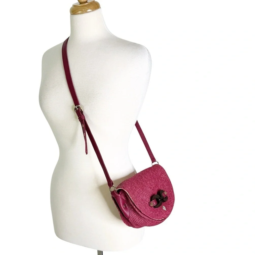 Helen Kaminski Raffia and Leather Shoulder Bag Raspberry
